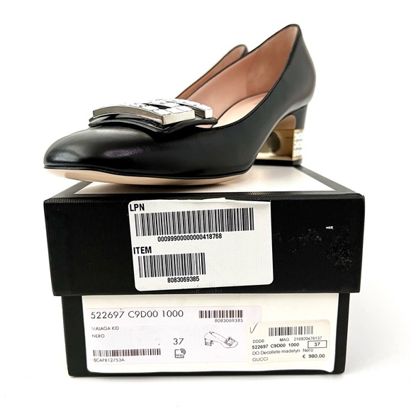 GUCCI | Decollete Madelyn Black Malaga Kid Pump Heel with G Crystals Size 37 - Picture 16 of 16